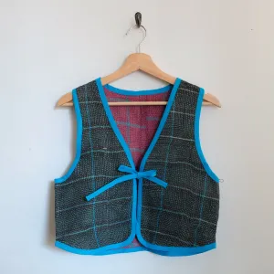 Amelia Sleeve Vest Dark Grey and Blue Plaid XS090