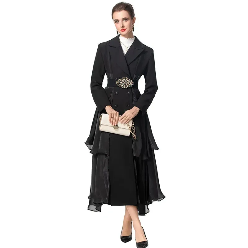 Azalea Notched Long Sleeve Single Breasted Diamonds Sashes Solid Color Office Lady Outerwear