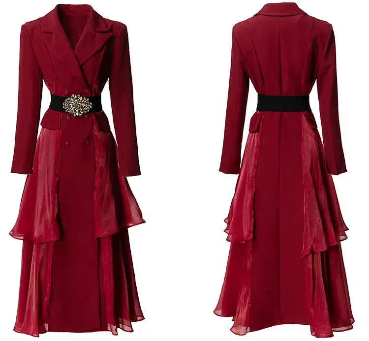 Azalea Notched Long Sleeve Single Breasted Diamonds Sashes Solid Color Office Lady Outerwear