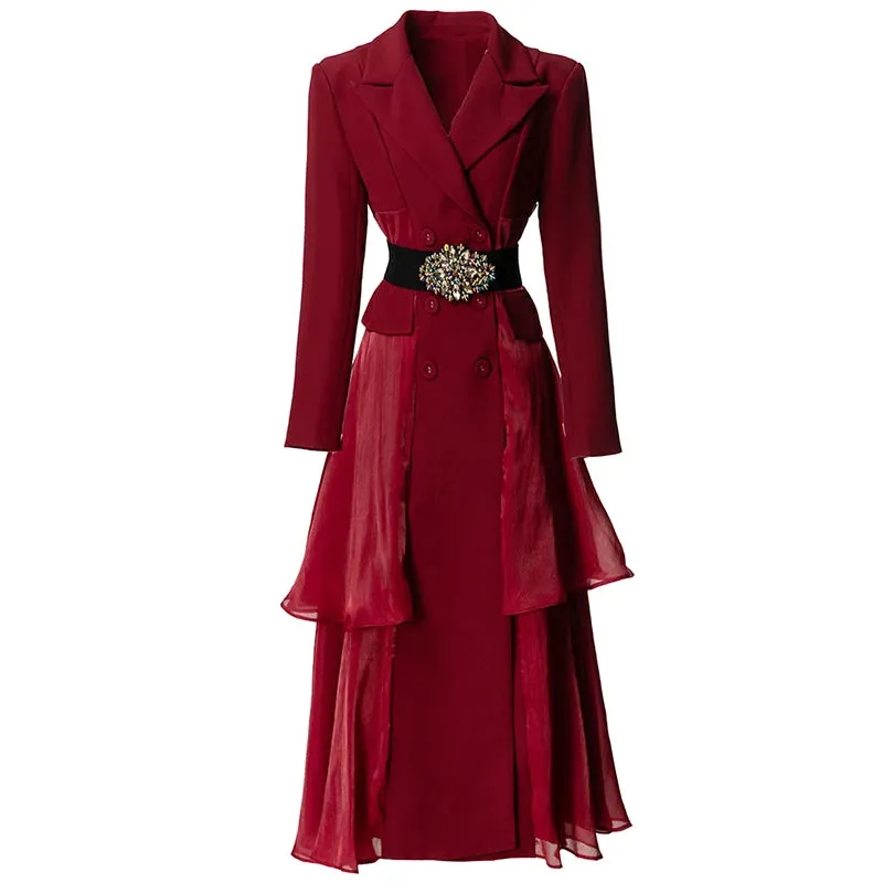 Azalea Notched Long Sleeve Single Breasted Diamonds Sashes Solid Color Office Lady Outerwear