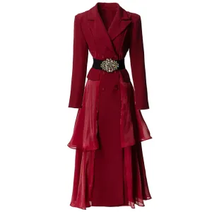 Azalea Notched Long Sleeve Single Breasted Diamonds Sashes Solid Color Office Lady Outerwear