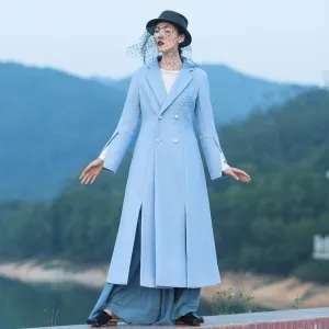 boutique light blue Woolen Coat Women Loose fitting long coat open long sleeve embroidery coats