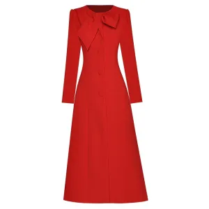 Cosetto Bow O-Neck Long Sleeve Single Breasted Vintage Red OverCoat
