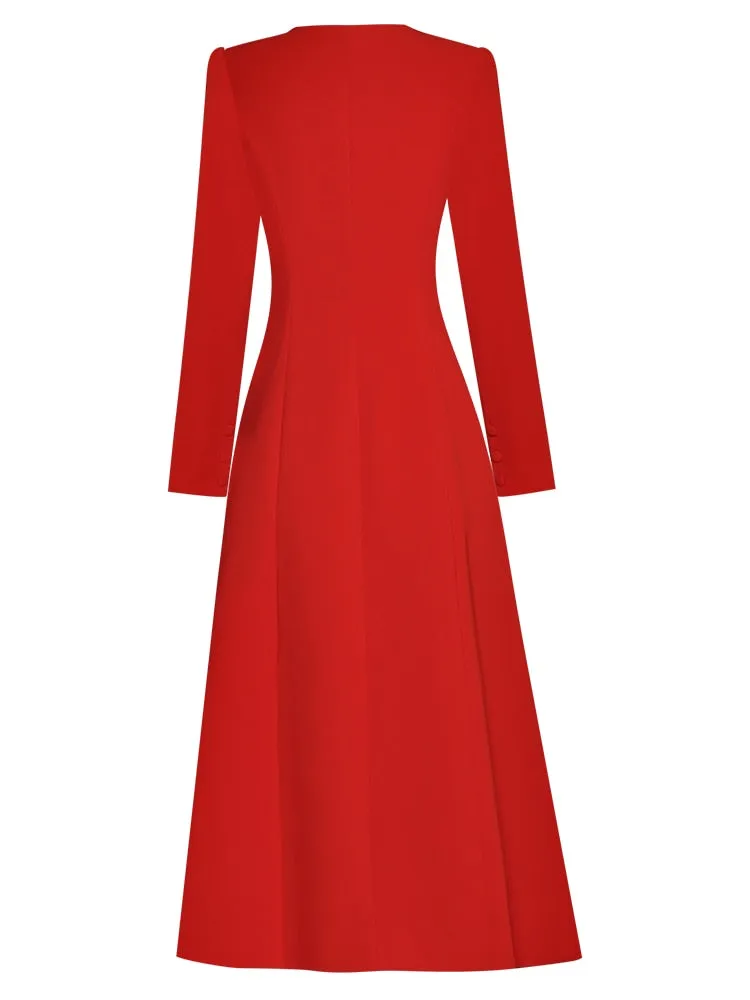 Cosetto Bow O-Neck Long Sleeve Single Breasted Vintage Red OverCoat