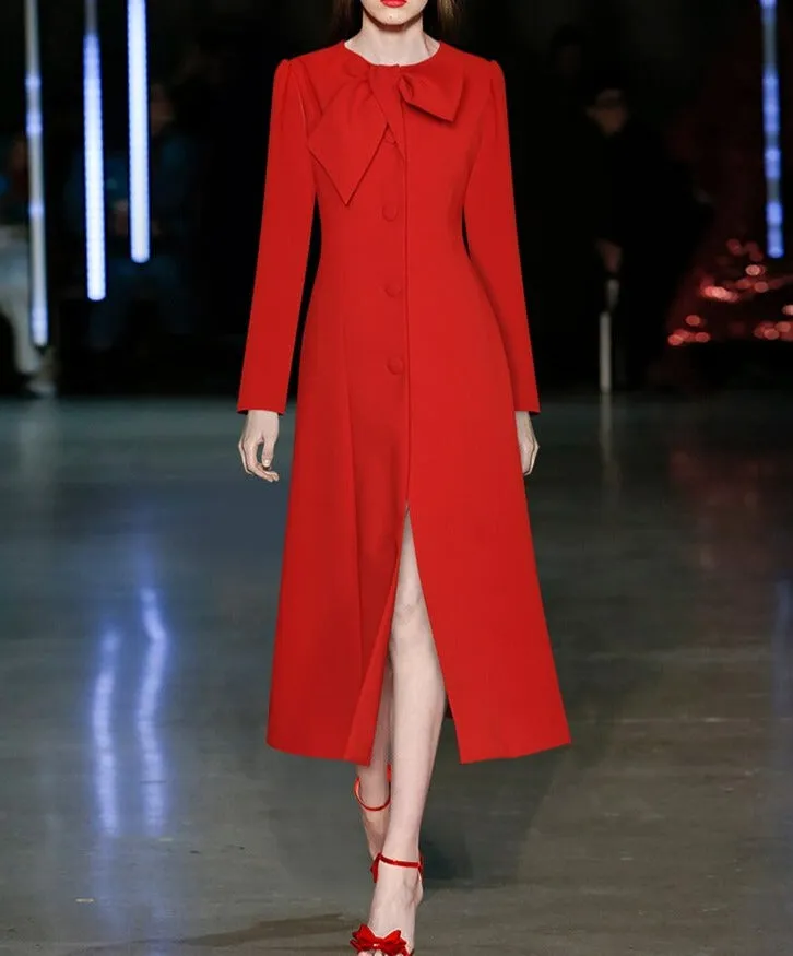 Cosetto Bow O-Neck Long Sleeve Single Breasted Vintage Red OverCoat