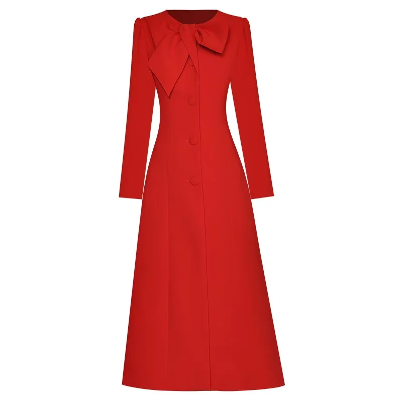 Cosetto Bow O-Neck Long Sleeve Single Breasted Vintage Red OverCoat
