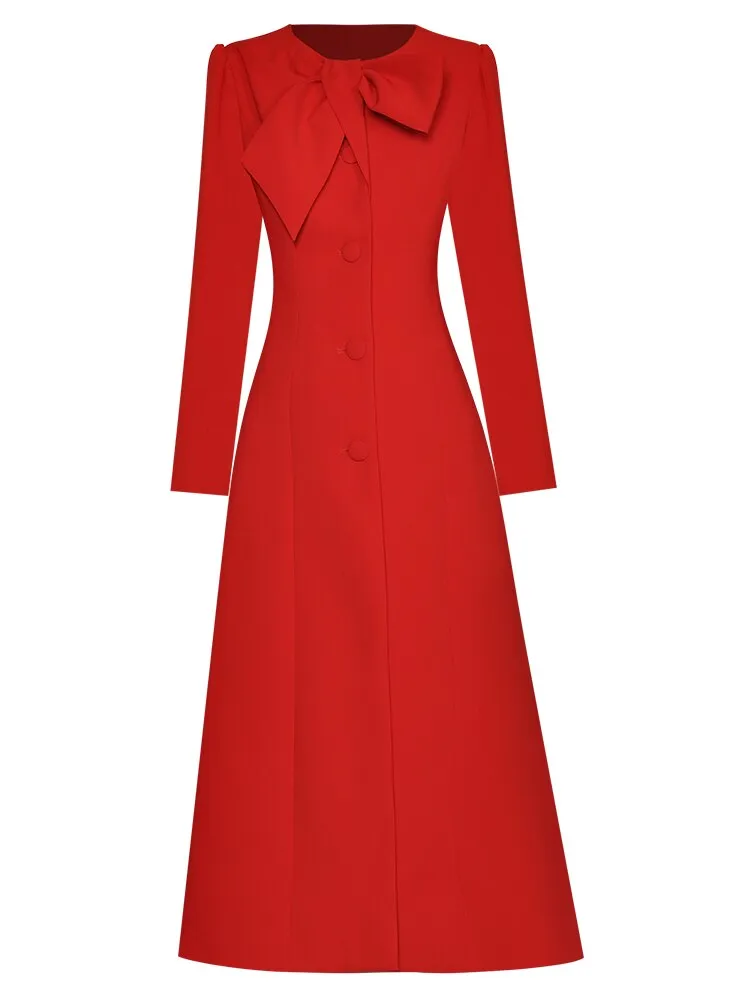 Cosetto Bow O-Neck Long Sleeve Single Breasted Vintage Red OverCoat