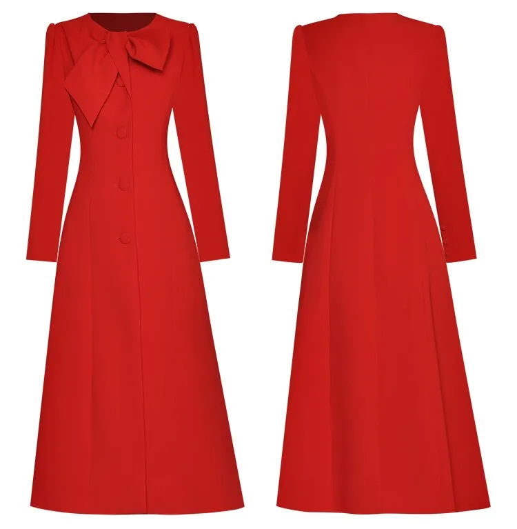 Cosetto Bow O-Neck Long Sleeve Single Breasted Vintage Red OverCoat
