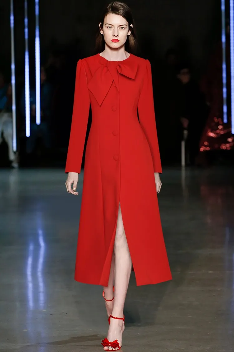 Cosetto Bow O-Neck Long Sleeve Single Breasted Vintage Red OverCoat