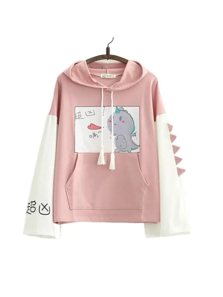 Dinosaur Print Hooded Sweatshirt With Horn For Women Autumn Long Sleeve Harakuju Hoodies Sweet Style Cotton Tracksuits