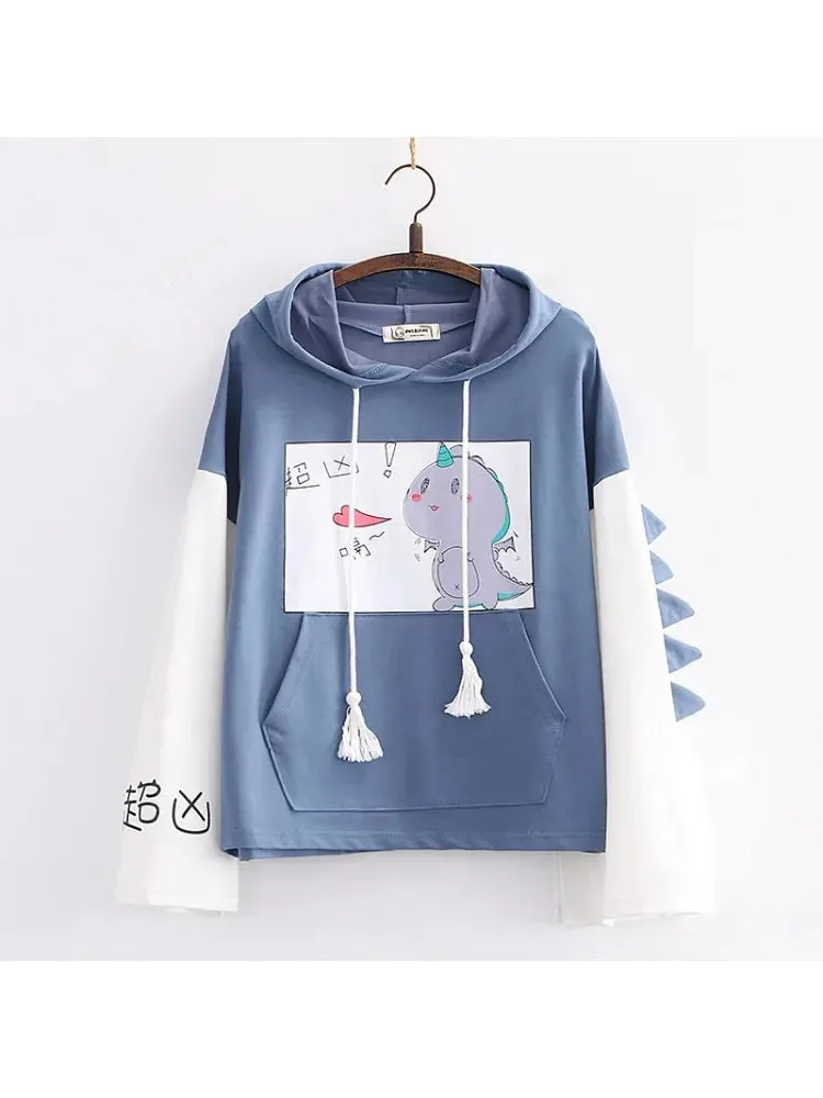 Dinosaur Print Hooded Sweatshirt With Horn For Women Autumn Long Sleeve Harakuju Hoodies Sweet Style Cotton Tracksuits