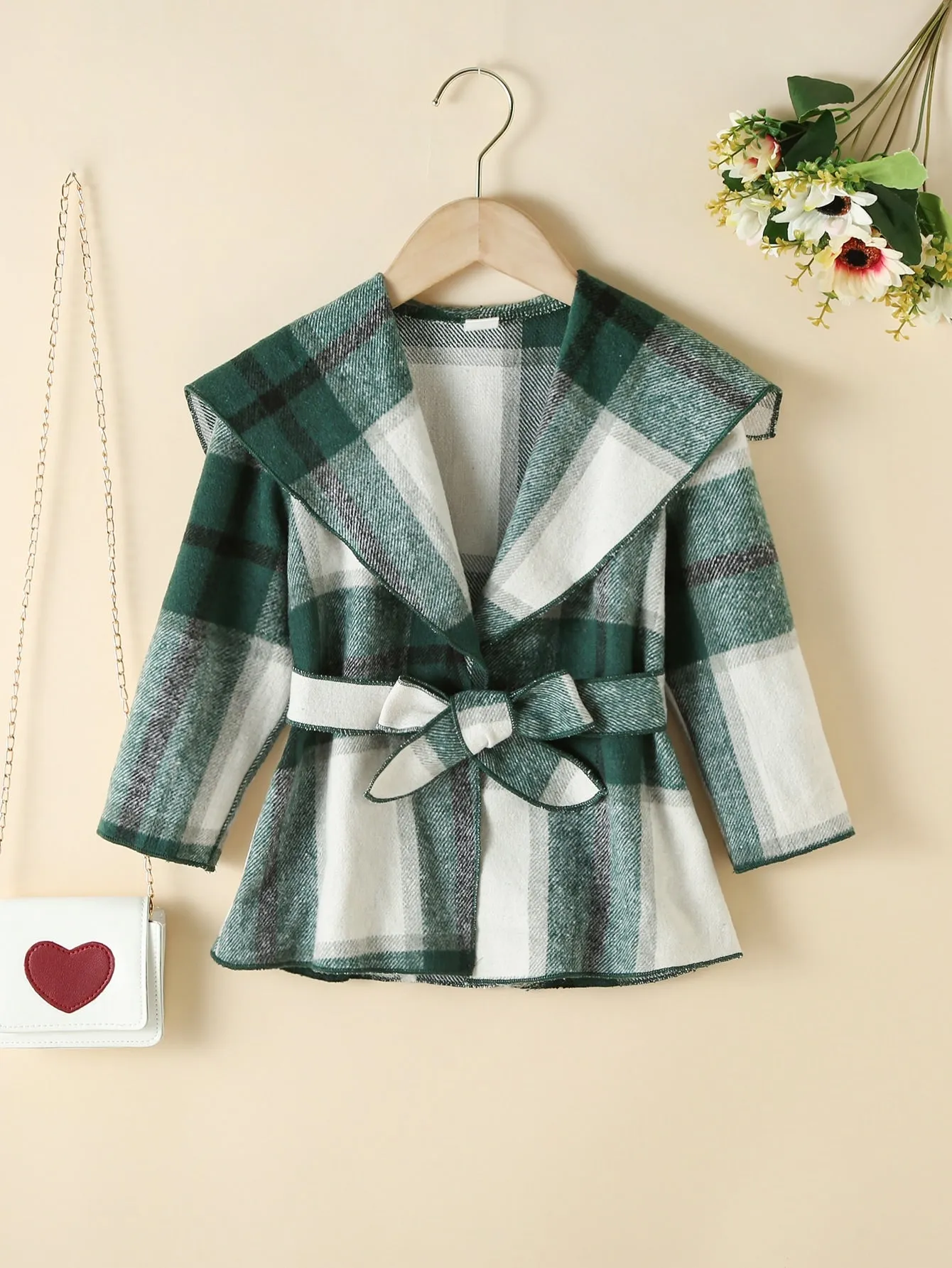 Girls Plaid Foldover Collar Belted Overcoat
