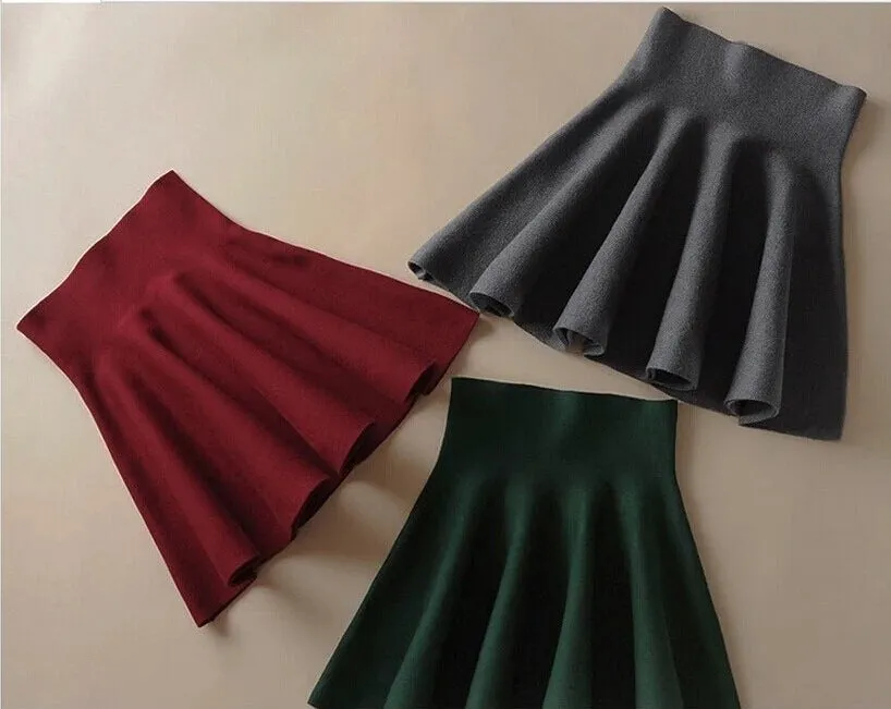 Korean Knitted Skirt High Waist Flare Pleated Casual All-Matching Women Elastic Stretchable Skirt