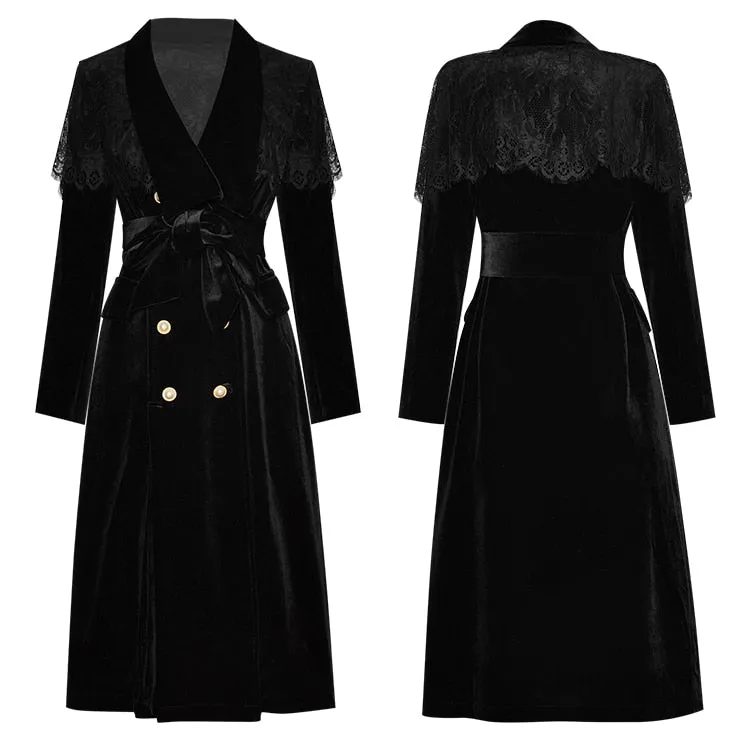 Lace Cloak Long sleeve Double-breasted black Velvet Windbreaker Coat