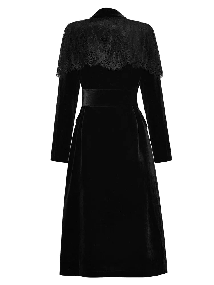 Lace Cloak Long sleeve Double-breasted black Velvet Windbreaker Coat