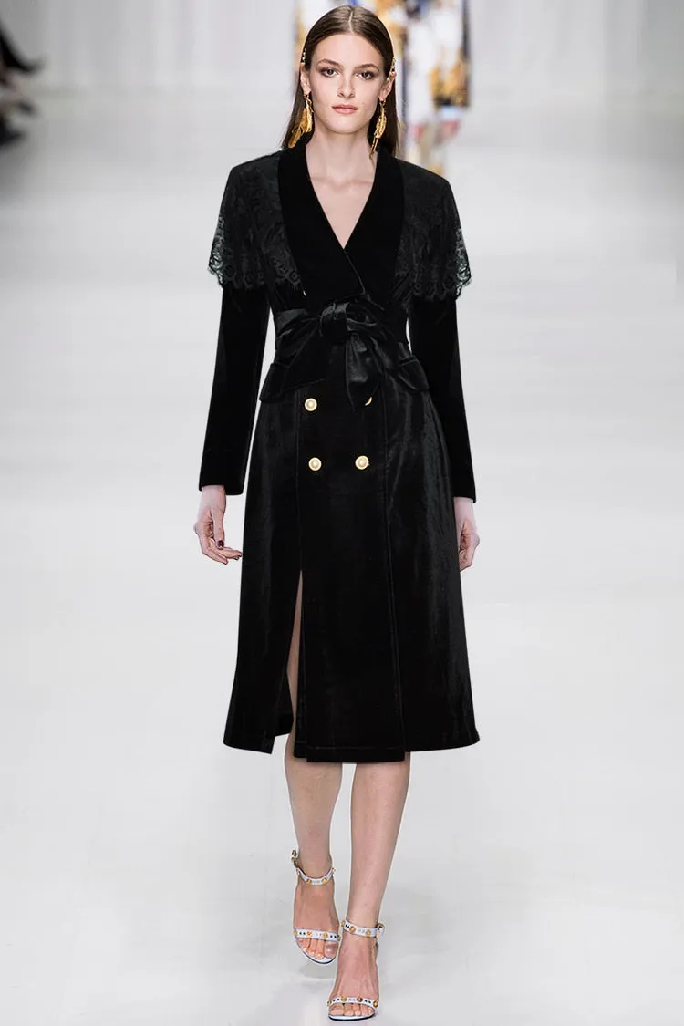 Lace Cloak Long sleeve Double-breasted black Velvet Windbreaker Coat