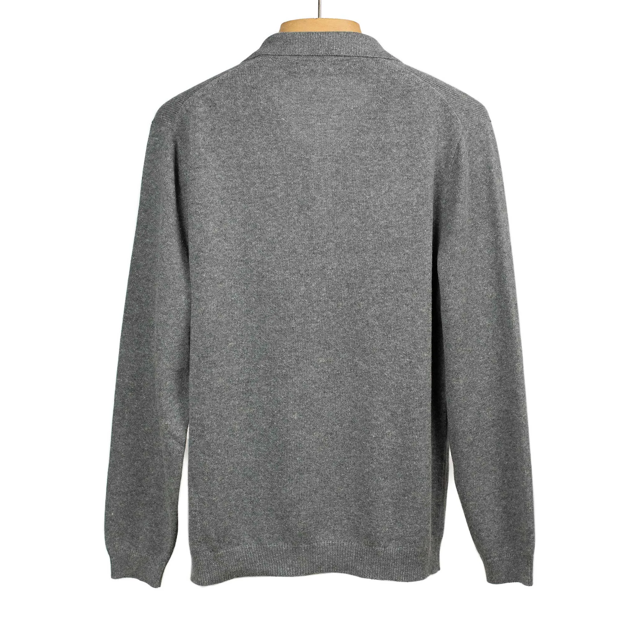 Long sleeve knit polo in grey cotton and linen