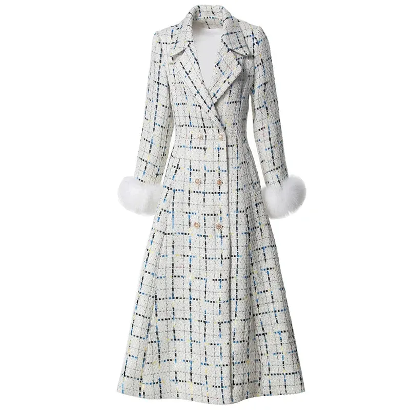 Malaysia  Double Breasted Sequins Plaid Tweed Coat