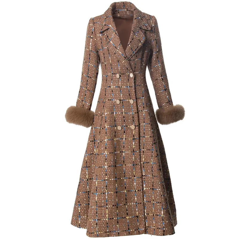 Malaysia  Double Breasted Sequins Plaid Tweed Coat