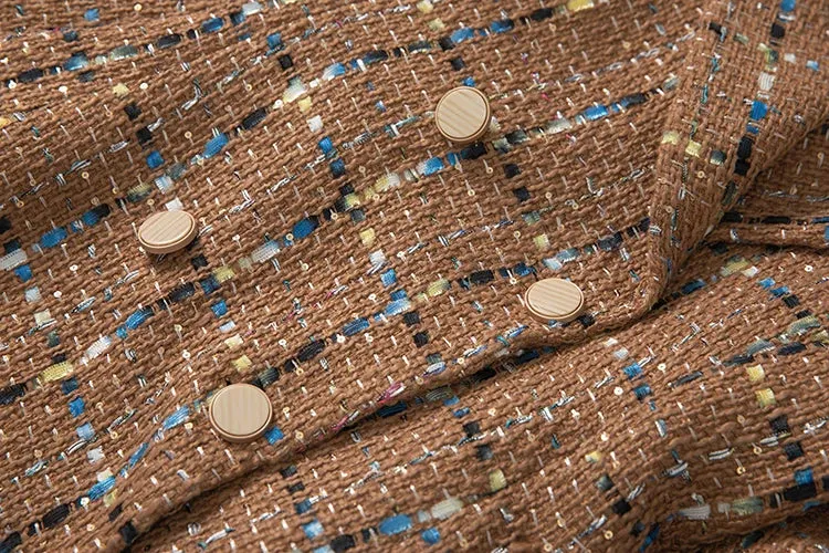 Malaysia  Double Breasted Sequins Plaid Tweed Coat
