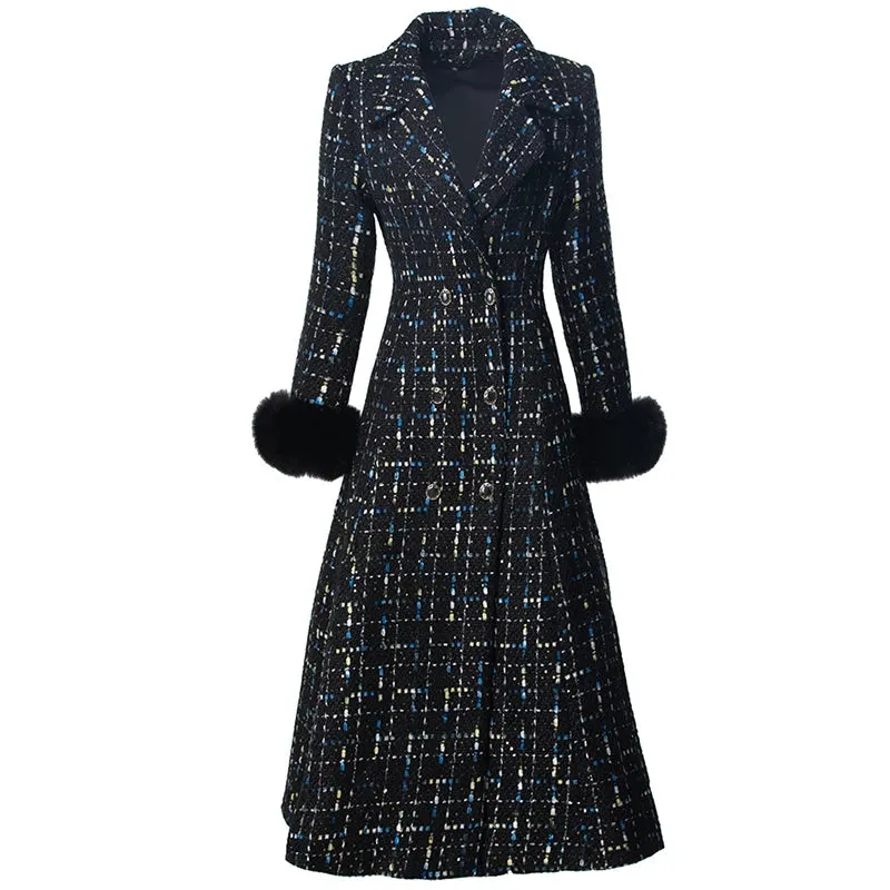 Malaysia  Double Breasted Sequins Plaid Tweed Coat