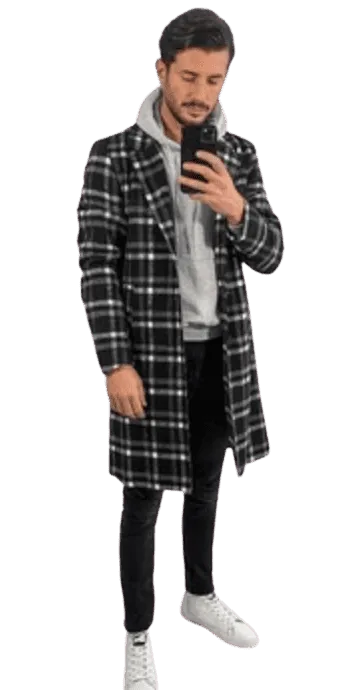 Men Black Colors Plaids Overcoat