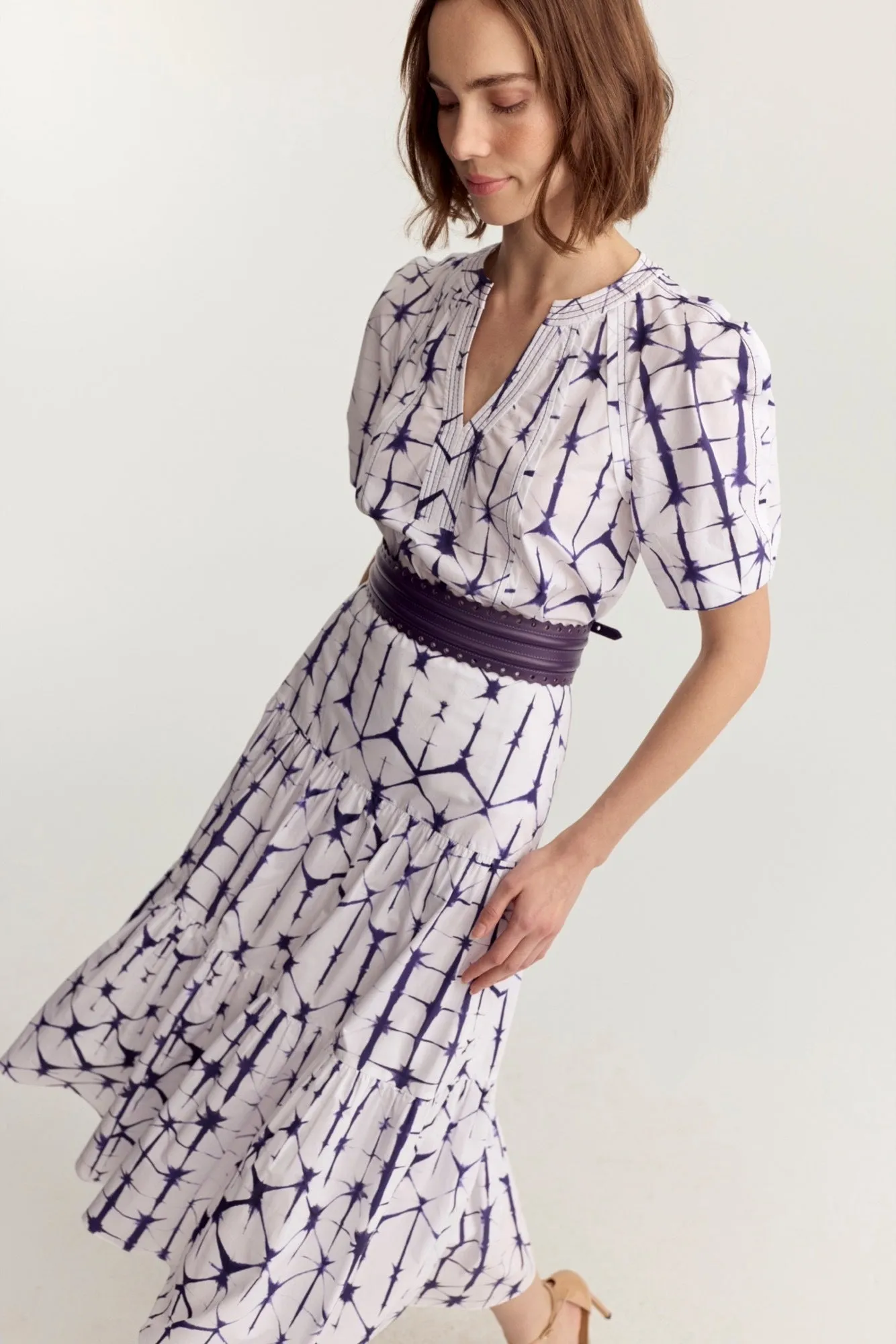 Tiered Midi Skirt -  Plum Shibori
