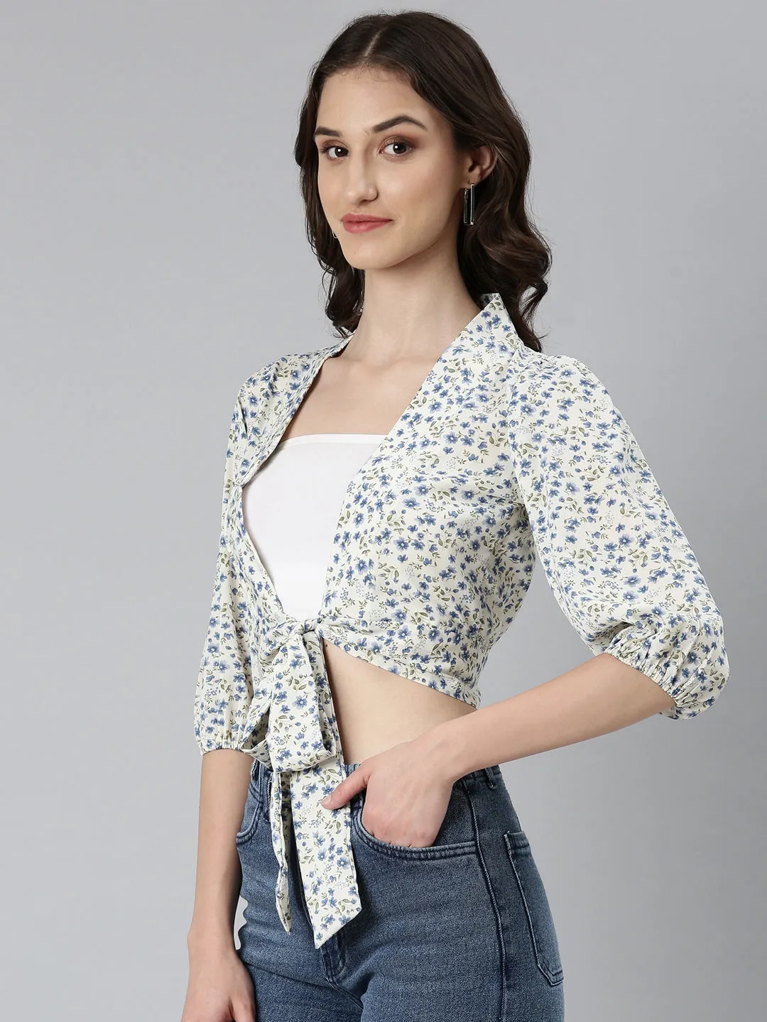 Women Cream Floral Wrap Crop Top